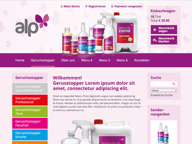 Webdesign e-shopu ALP Geruchsstopper určený pro německý trh